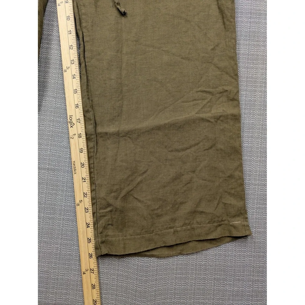 Sisters Pants Womens Large (34x26) Green Linen Wide Leg Cropped Drawstring
